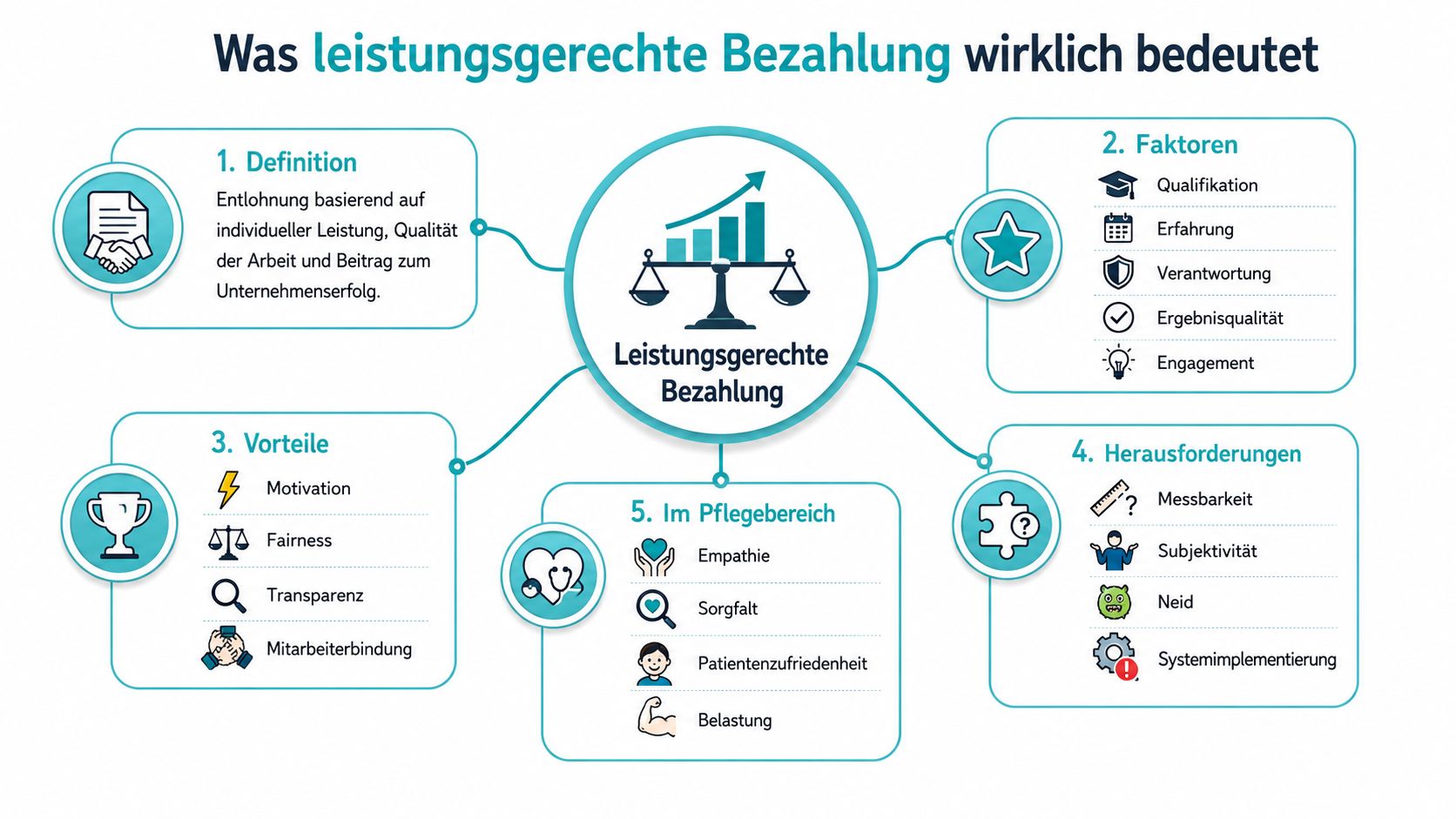 Infografik zeigt die Definition, Faktoren, Vorteile, Herausforderungen und spezifische Aspekte leistungsgerechter Bezahlung im Pflegebereich.