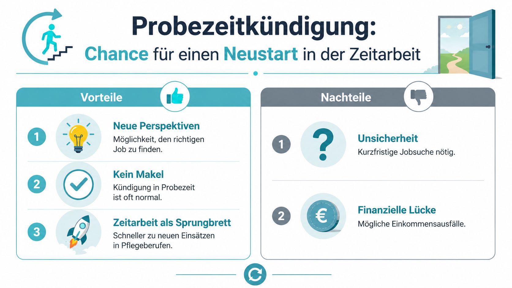 Eine Infografik über die Vor- und Nachteile einer Kündigung in der Probezeit für die Zeitarbeit.