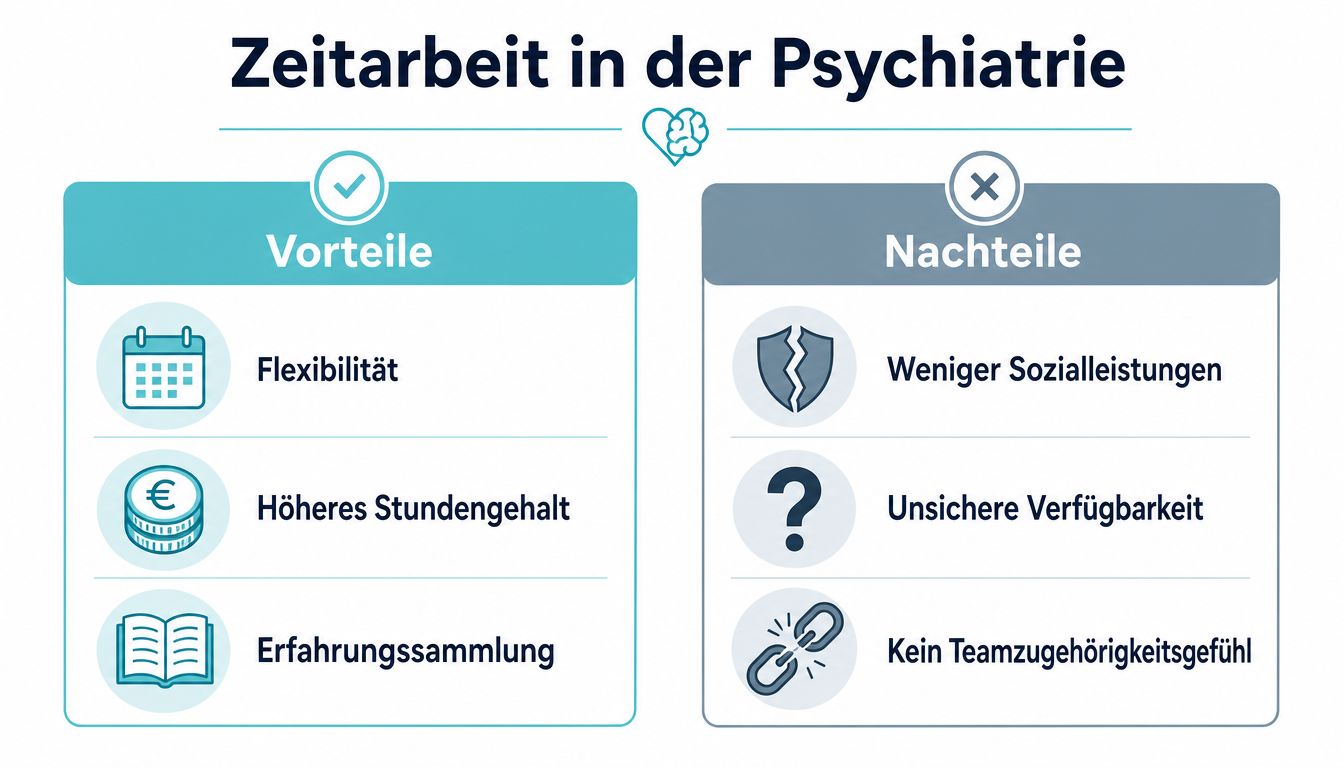 Infografik über Vor- und Nachteile von Zeitarbeit in der psychiatrischen Krankenpflege mit stichpunktartigen Auflistungen.