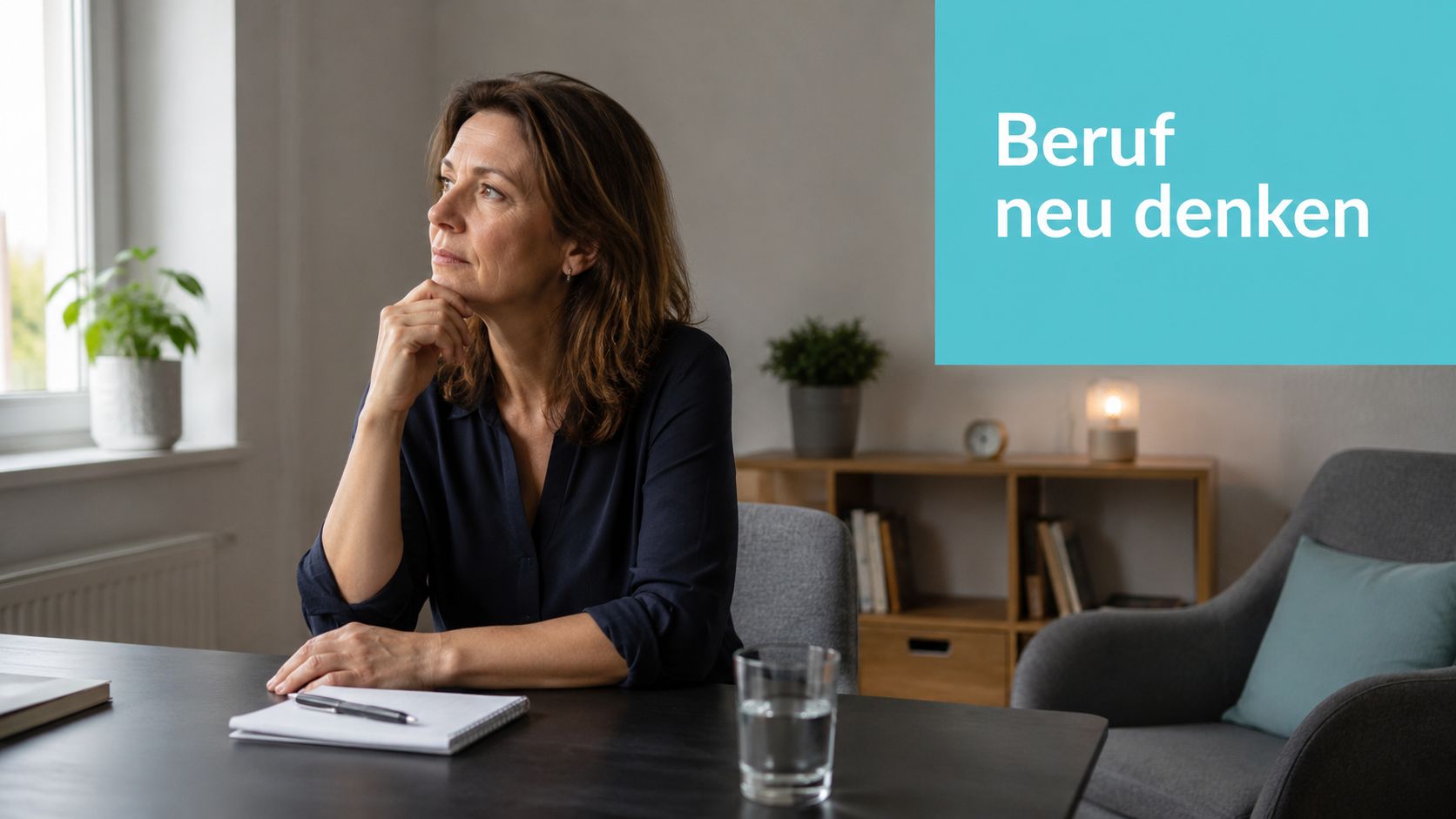 Eine nachdenkliche Frau sitzt an einem Schreibtisch mit Notizblock, Stift und Glas Wasser im modernen Büro.