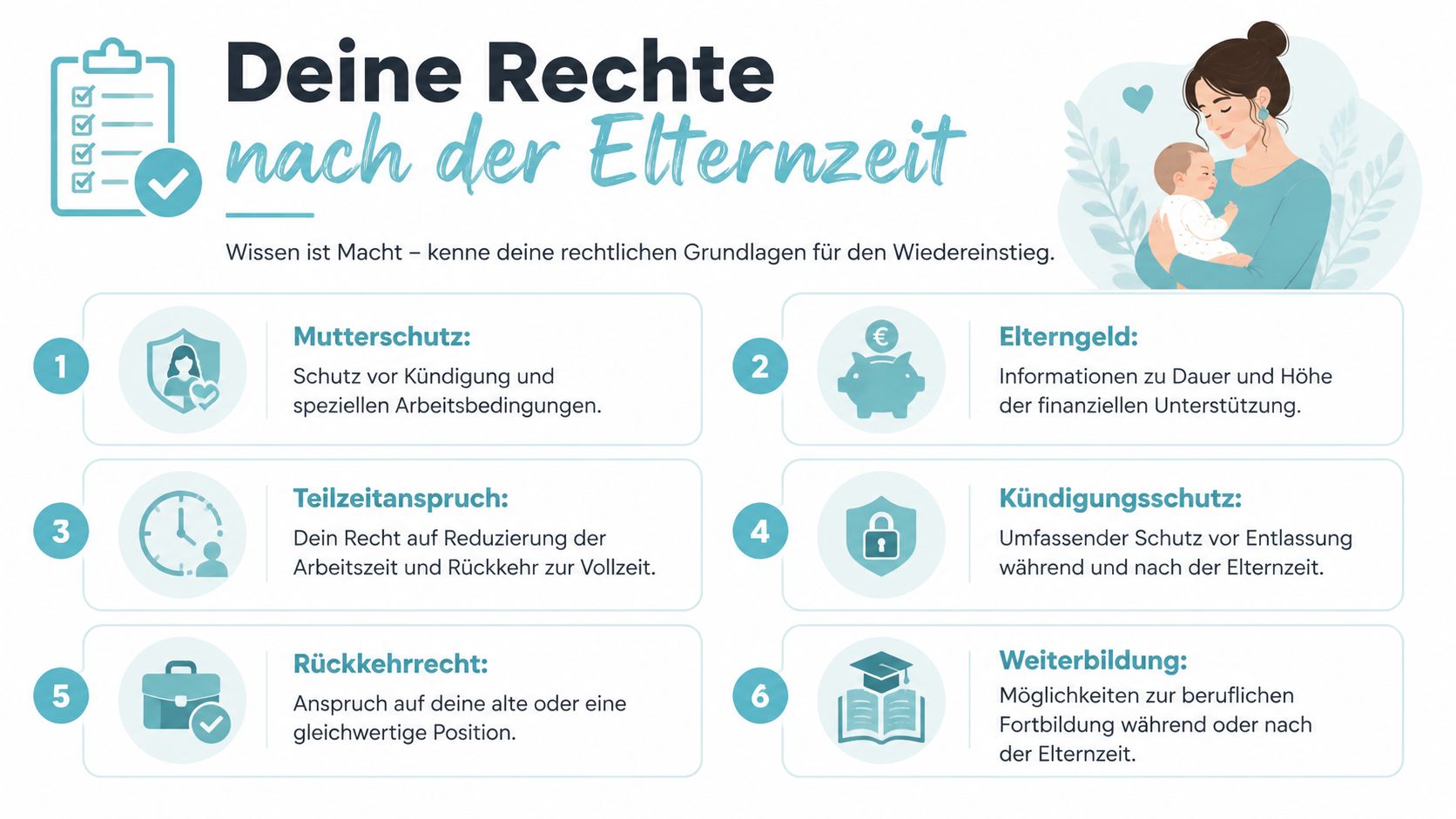 Eine Infografik mit sechs wichtigen Punkten zu den Rechten von Eltern beim Wiedereinstieg nach der Elternzeit.