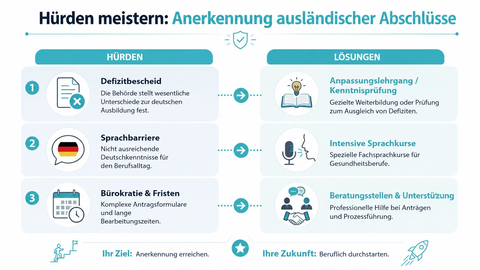 Infografik zeigt Hürden bei der Anerkennung ausländischer Abschlüsse und passende Lösungen für den beruflichen Erfolg in Deutschland.