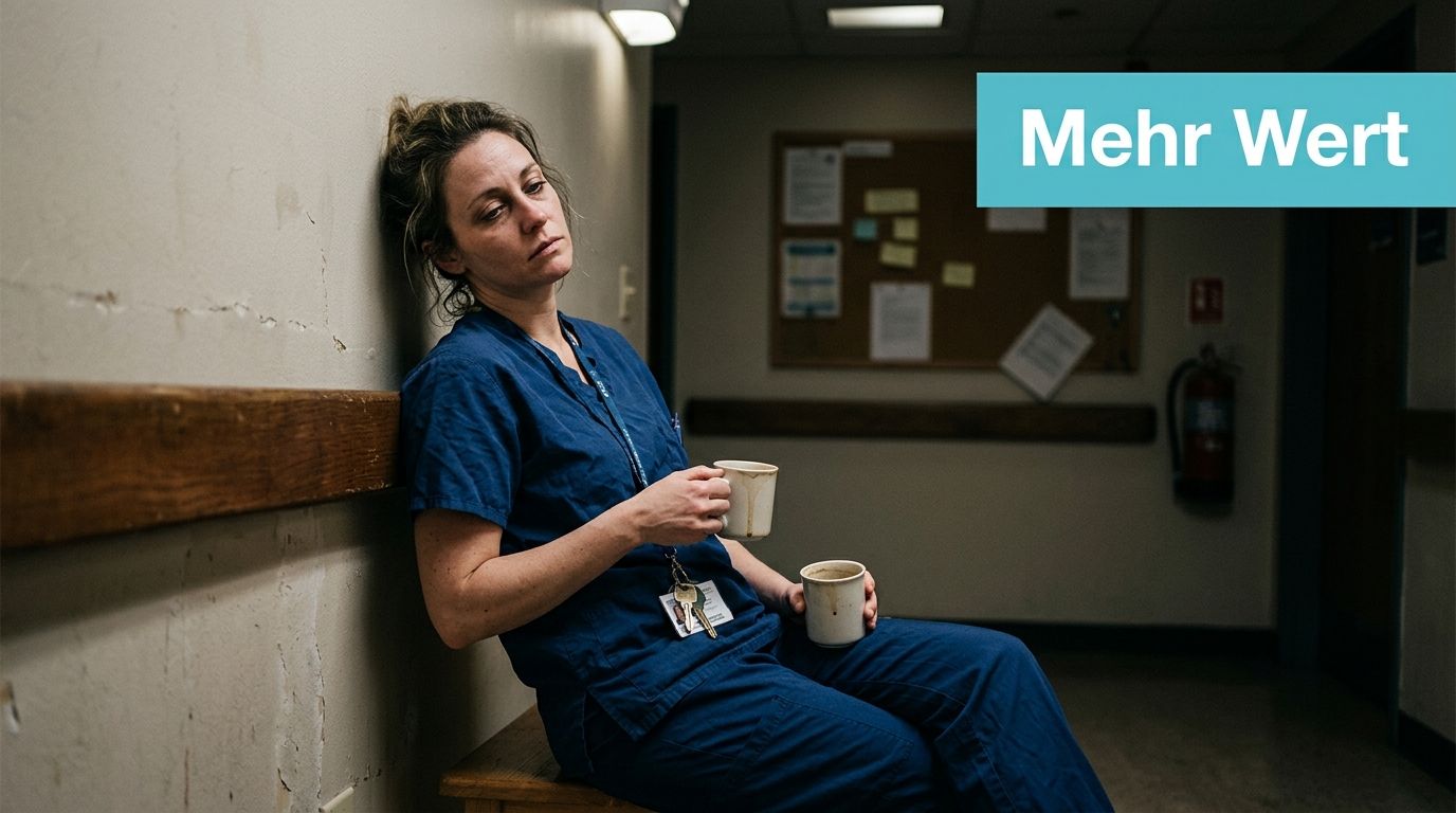 Eine erschöpfte Krankenschwester in Arbeitskleidung lehnt müde mit zwei Kaffeetassen an einer Krankenhauswand im Flur.