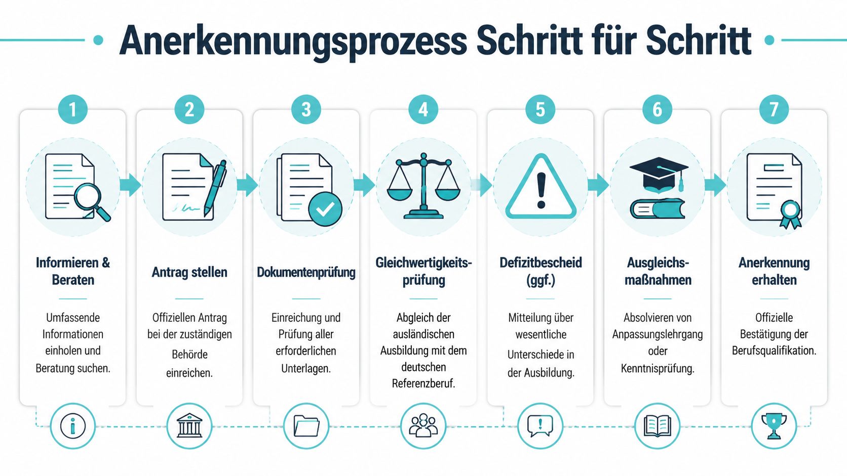 Eine Infografik zeigt den siebenstufigen Prozess zur Anerkennung ausländischer Berufsabschlüsse in Deutschland, von der Beratung bis zur Zertifizierung.