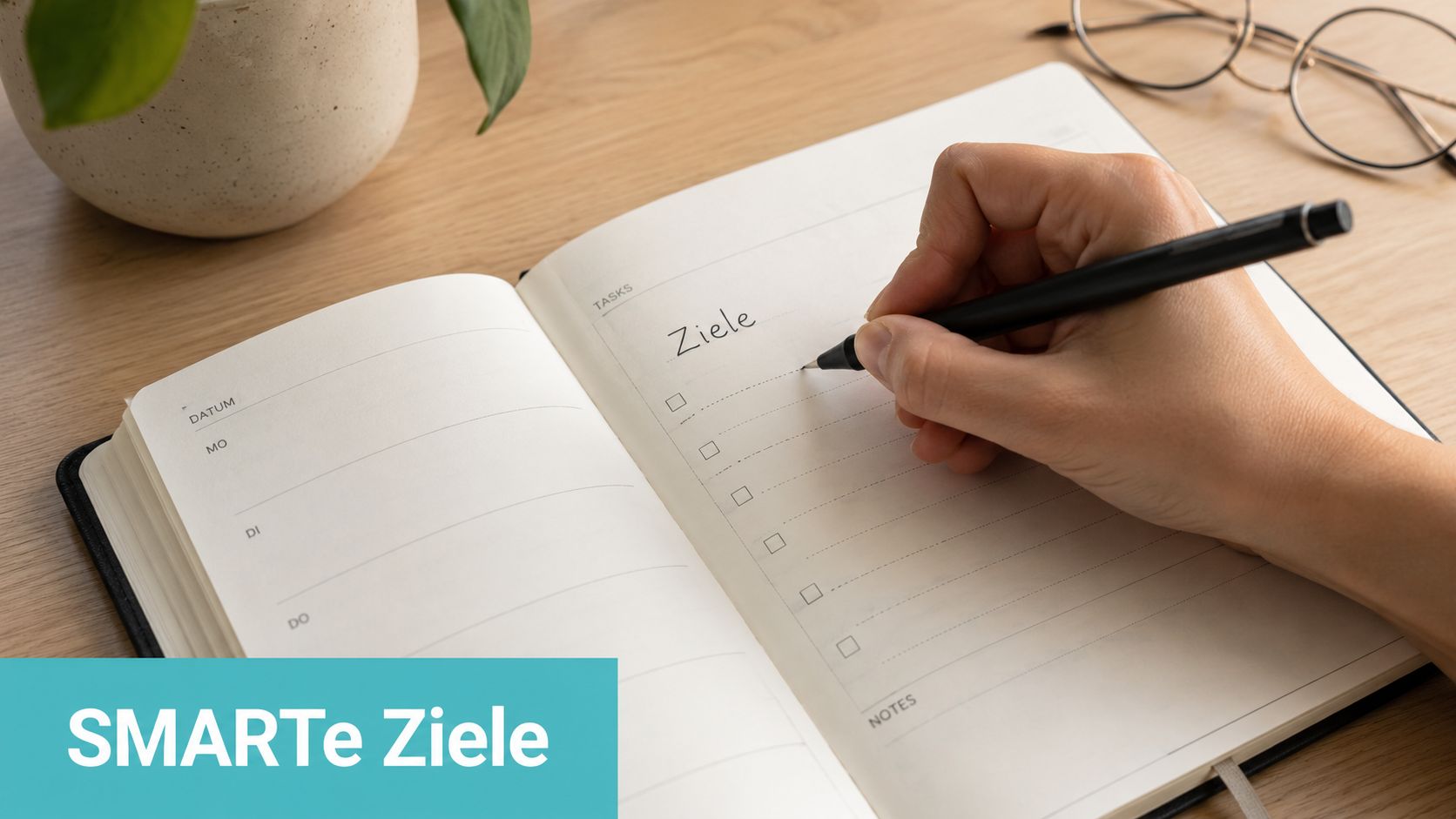 Eine Hand hält einen Stift über einem offenem Notizbuch mit der Überschrift Ziele und einer Aufgabenliste.