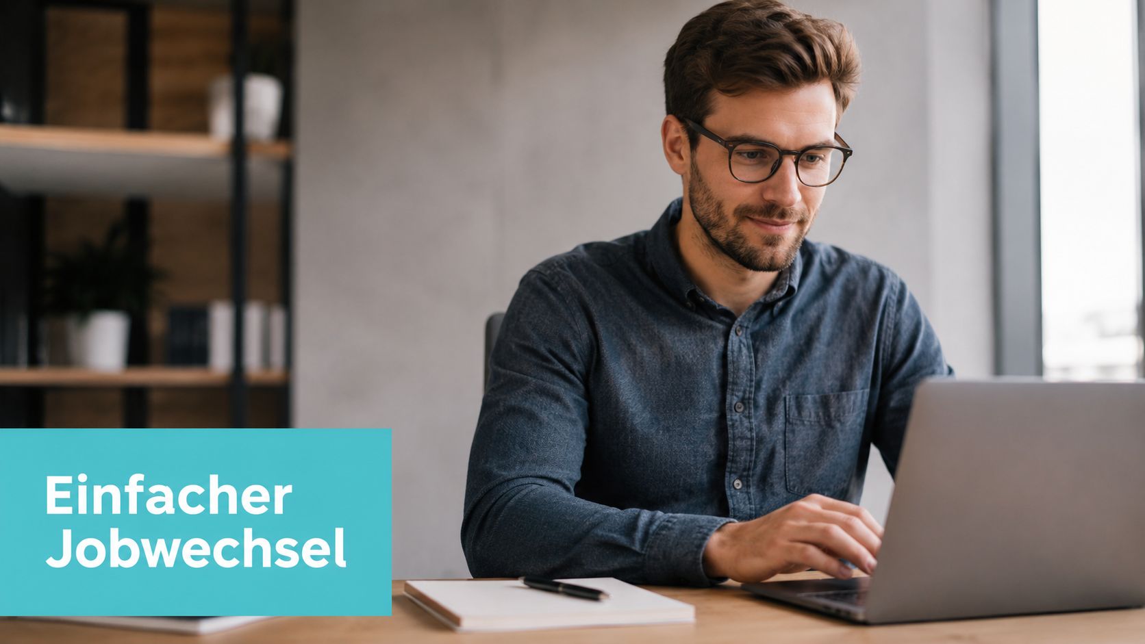 Ein junger Mann mit Brille arbeitet konzentriert an seinem Laptop in einem modernen Büroarbeitsplatz.