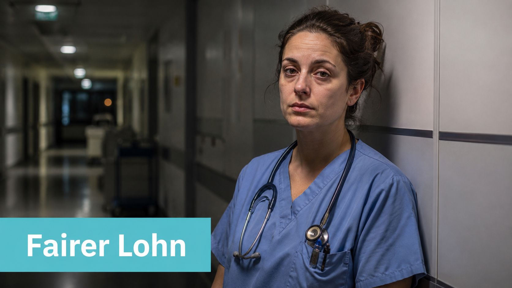 Eine erschöpfte Krankenschwester steht nachdenklich in einem Krankenhausflur, während der Text Fairer Lohn eingeblendet ist.