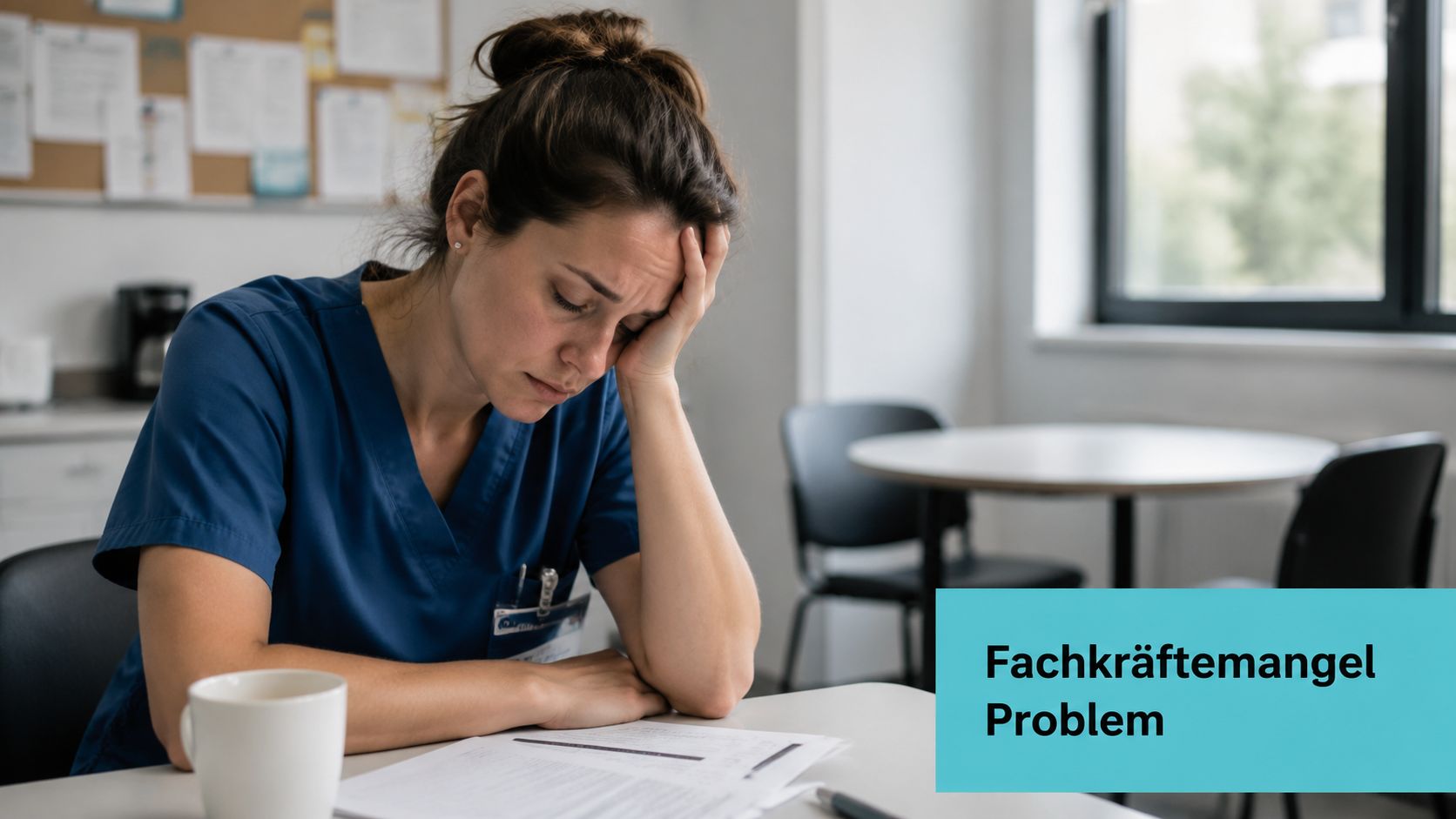 Eine erschöpfte Krankenschwester sitzt frustriert an einem Tisch und blickt auf Dokumente, Symbolbild für den Fachkräftemangel im Gesundheitswesen.