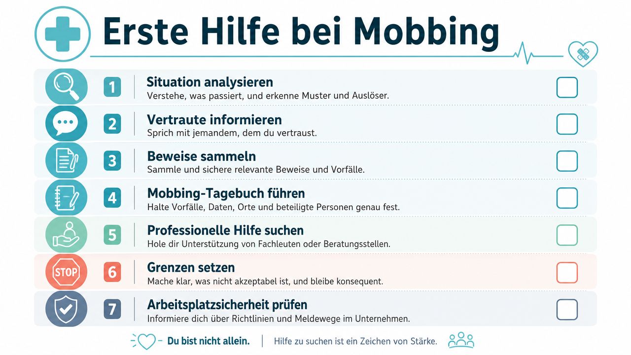 Eine Infografik mit sieben Schritten als Erste Hilfe bei Mobbing am Arbeitsplatz, um Betroffenen zu helfen.