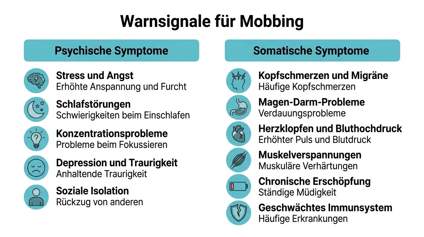 Eine Infografik über psychische und somatische Warnsignale für Mobbing bei betroffenen Personen im Alltag.