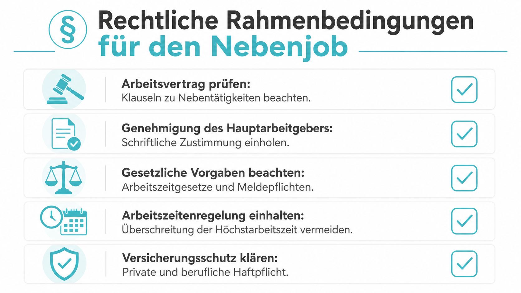 Eine Infografik mit Tipps zu den rechtlichen Rahmenbedingungen für einen Nebenjob, inklusive Checkliste für Arbeitnehmer.
