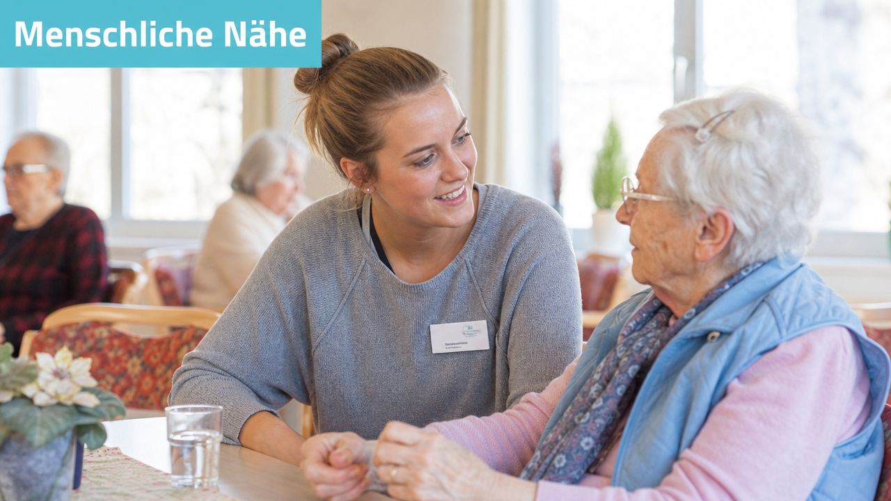 Eine junge Sozialassistentin schenkt einer älteren Dame in einer Pflegeeinrichtung liebevoll ihre Aufmerksamkeit und Zeit.
