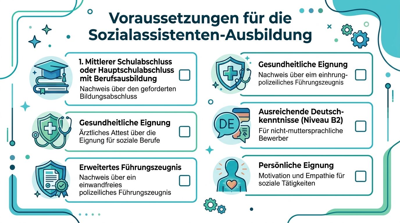 Übersichtsgrafik zu den Zugangsvoraussetzungen für die Ausbildung zum Sozialassistenten mit verschiedenen Anforderungen und Icons in grüner Farbgebung.