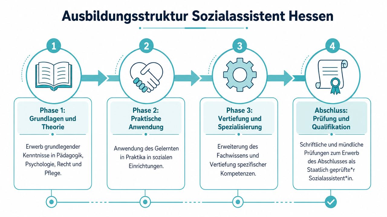 Grafische Darstellung der vier Phasen der Ausbildung zum Sozialassistenten in Hessen von der Theorie bis zum Abschluss.