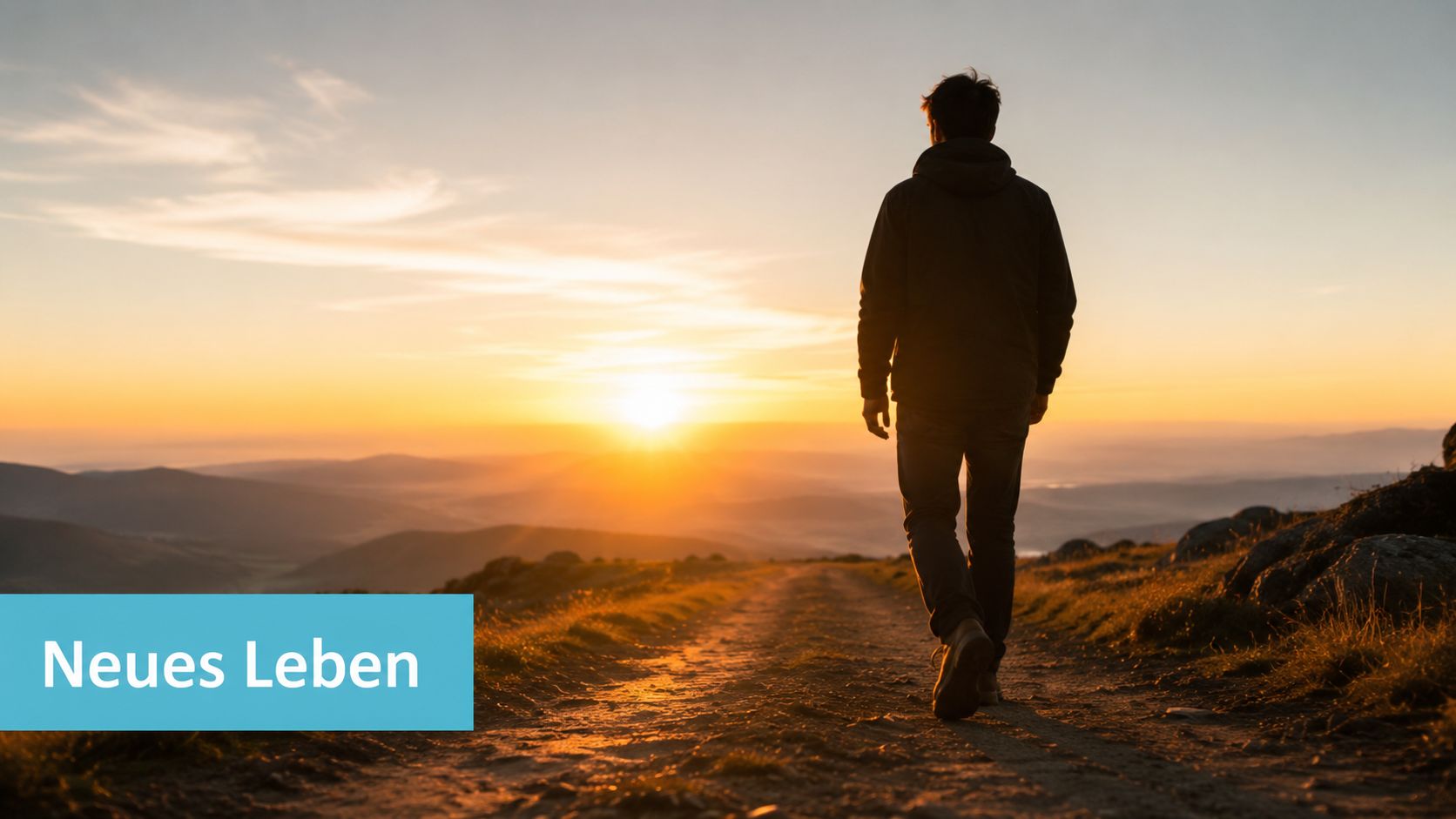 Ein junger Mann geht bei Sonnenuntergang einen Bergweg entlang und blickt in die weite, sonnige Landschaft.