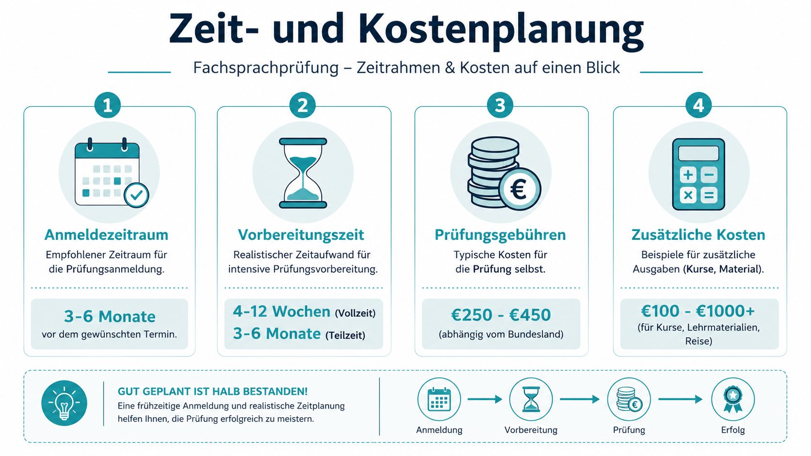 Übersicht zur Zeit- und Kostenplanung der Fachsprachprüfung mit Empfehlungen für Anmeldung, Vorbereitung und finanzielle Aufwendungen.