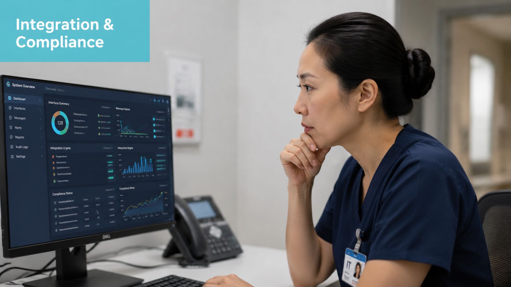 Eine IT-Mitarbeiterin im Krankenhaus überwacht System- und Compliance-Daten an einem Computerbildschirm in einem modernen Büro.