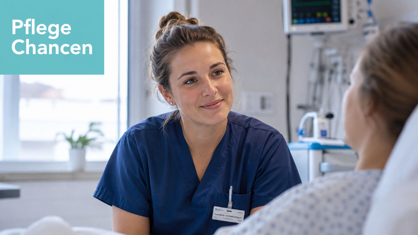 Eine freundliche Krankenschwester, die mit einer Patientin im Krankenhaus spricht, um ihr bei der Genesung zu helfen.