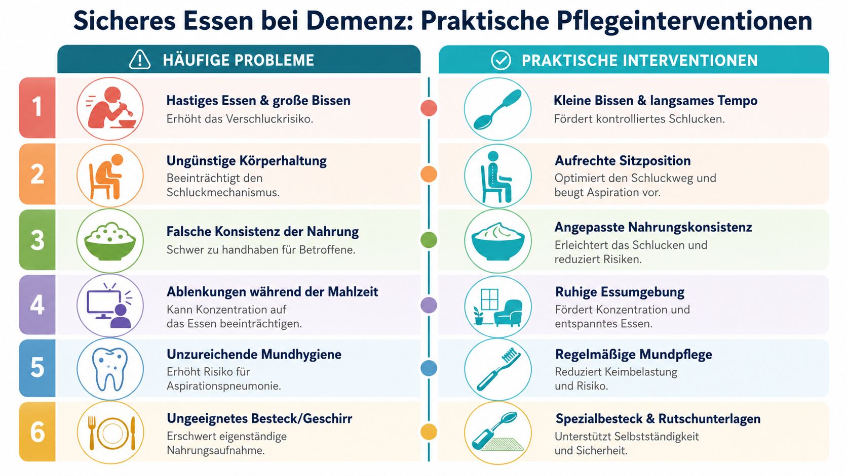 Übersicht zu sicherem Essen bei Demenz mit praktischen Pflegetipps zur Vermeidung von Schluckbeschwerden und gesundheitlichen Risiken.