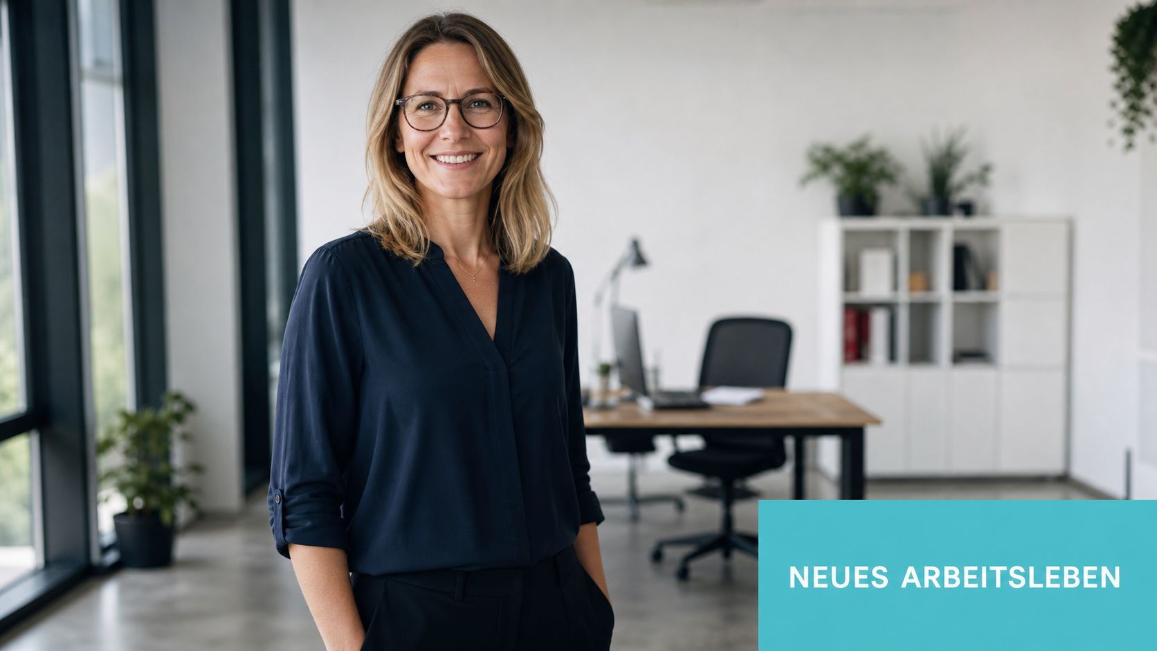 Eine lächelnde Geschäftsfrau steht im modernen Büro und wirkt professionell und bereit für eine neue berufliche Herausforderung.