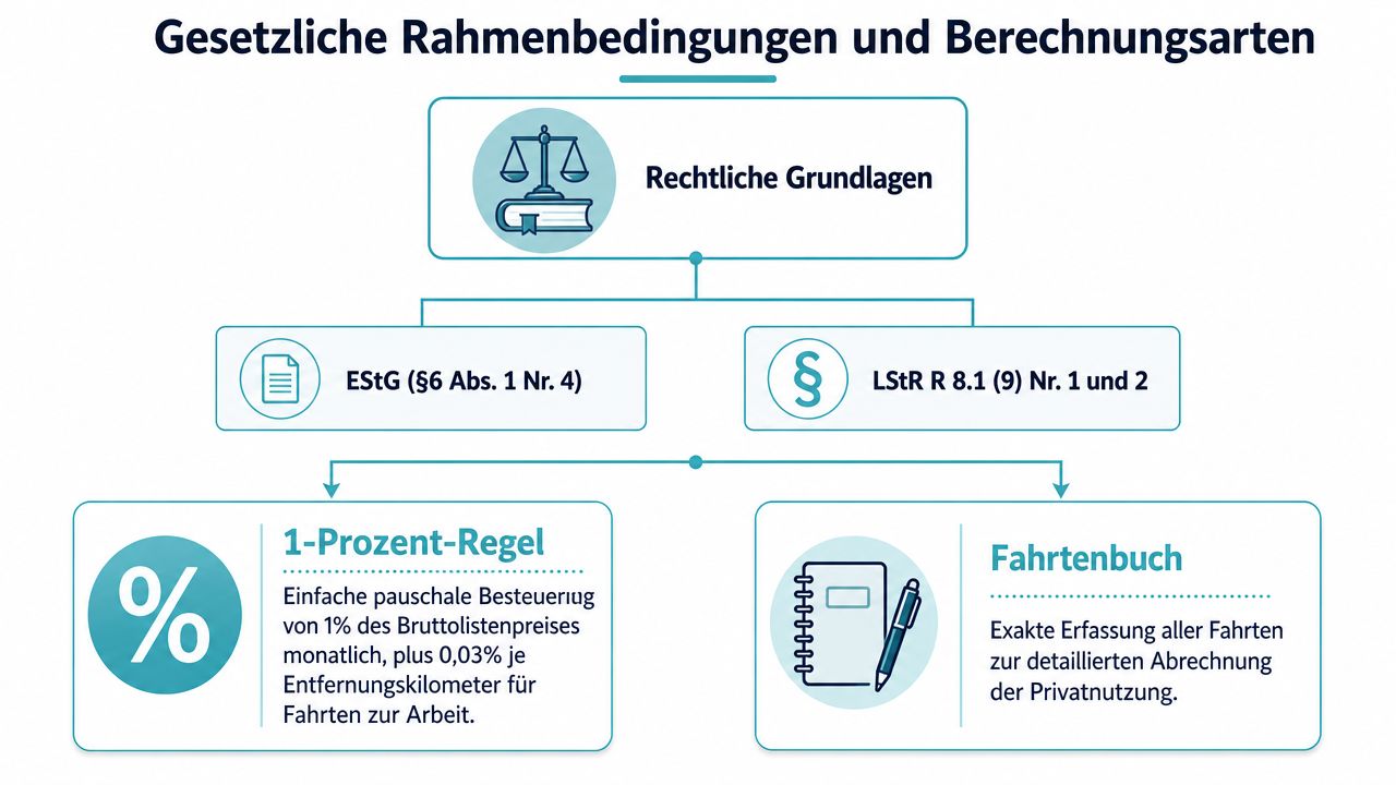 Eine Infografik über die gesetzlichen Rahmenbedingungen und Berechnungsmethoden für die Besteuerung von Dienstwagen in Deutschland.
