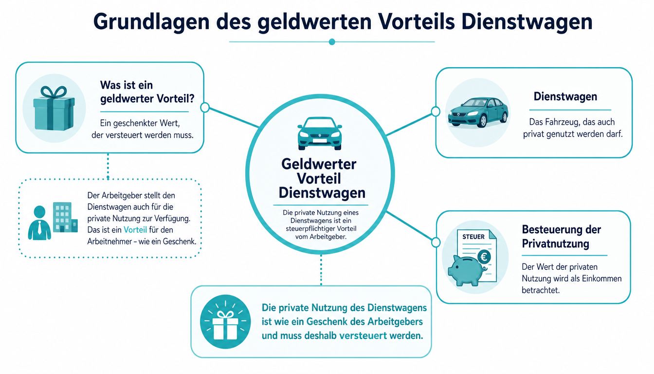 Eine Infografik erklärt die Besteuerung der privaten Nutzung eines Dienstwagens als geldwerten Vorteil für Arbeitnehmer.