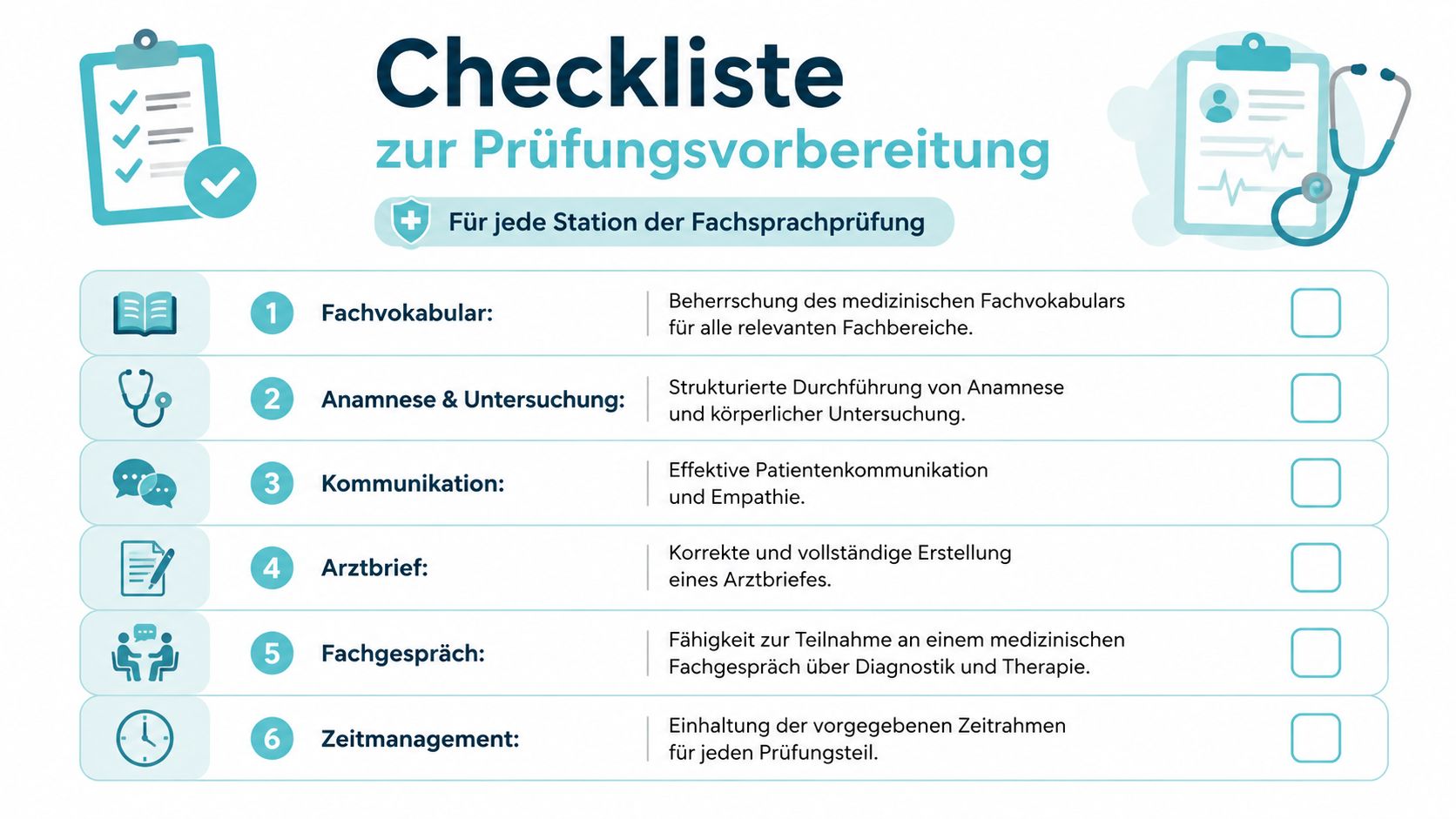 Eine Checkliste zur Vorbereitung auf die medizinische Fachsprachprüfung mit sechs essenziellen Punkten für angehende Ärzte.