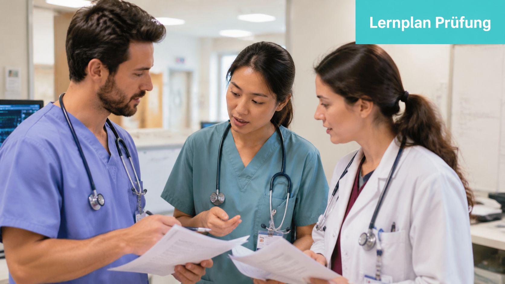 Drei medizinische Fachkräfte besprechen gemeinsam Dokumente in einem Krankenhausflur zur Vorbereitung auf ihre Prüfung.