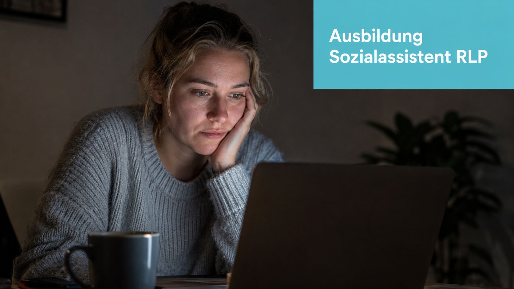 Eine junge Frau schaut erschöpft auf ihren Laptop, während sie nach einer Ausbildung zum Sozialassistenten in RLP sucht.