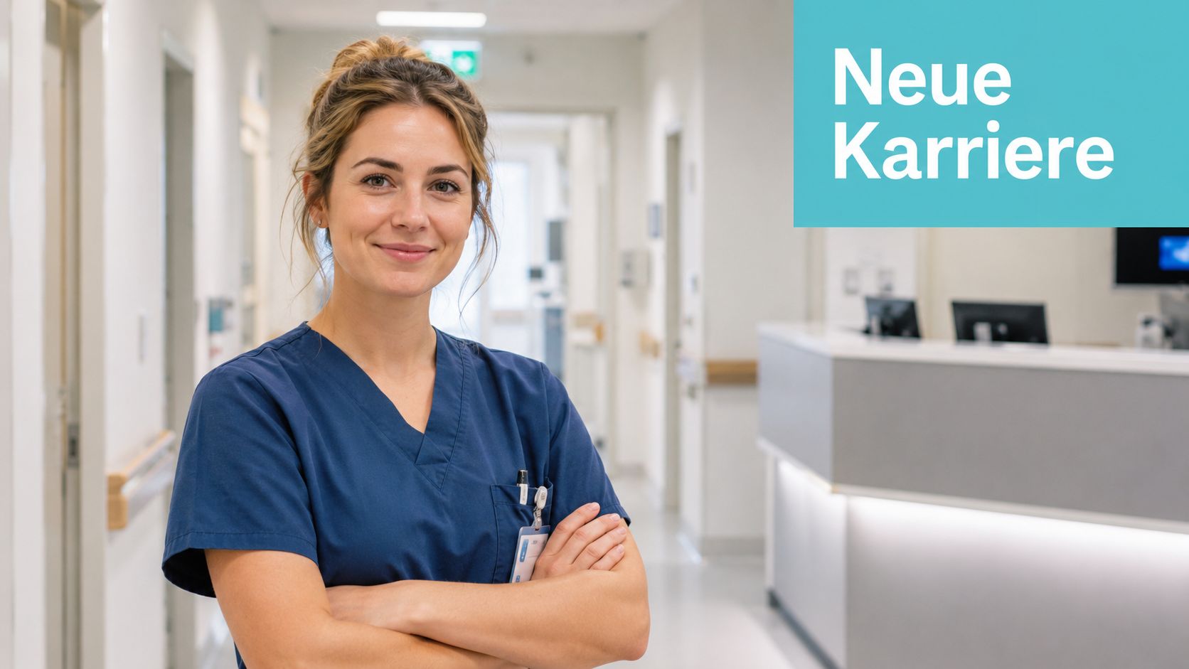 Eine lächelnde Krankenschwester in blauer Arbeitskleidung steht mit verschränkten Armen in einem modernen Krankenhausflur.