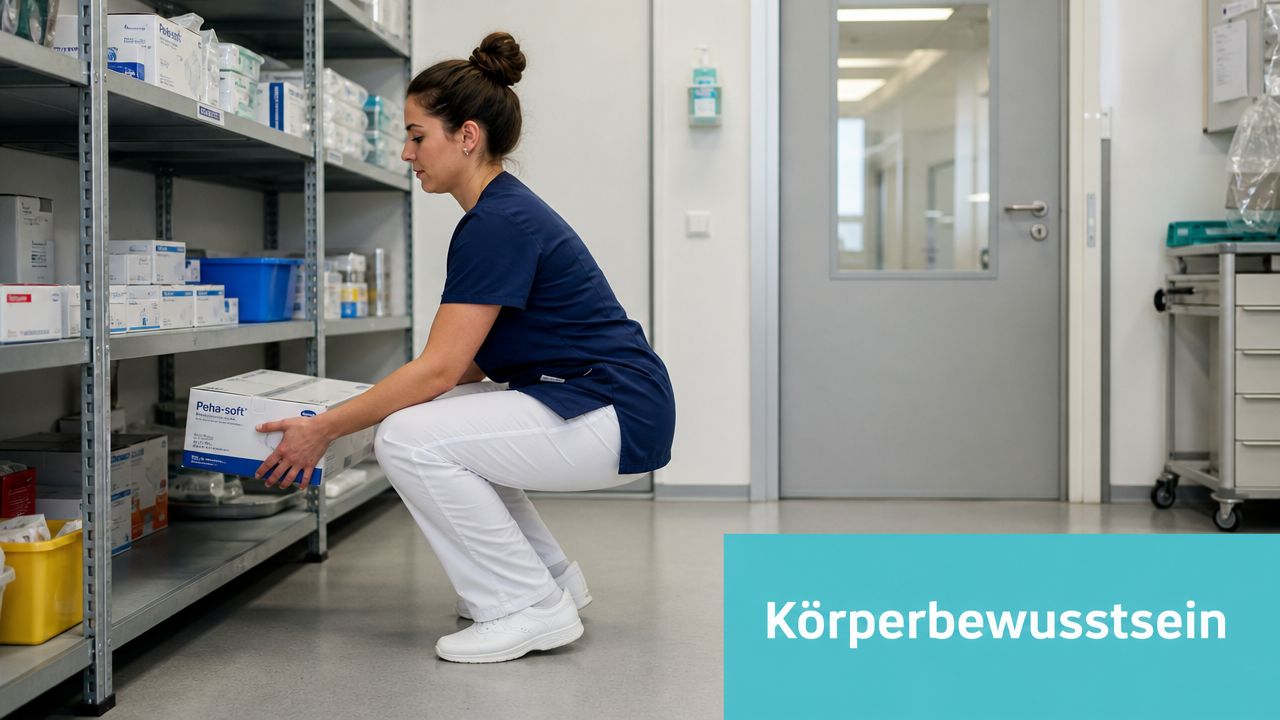 Eine Krankenschwester hebt einen Karton in rückenschonender Hockhaltung aus einem Lagerregal im Krankenhaus.