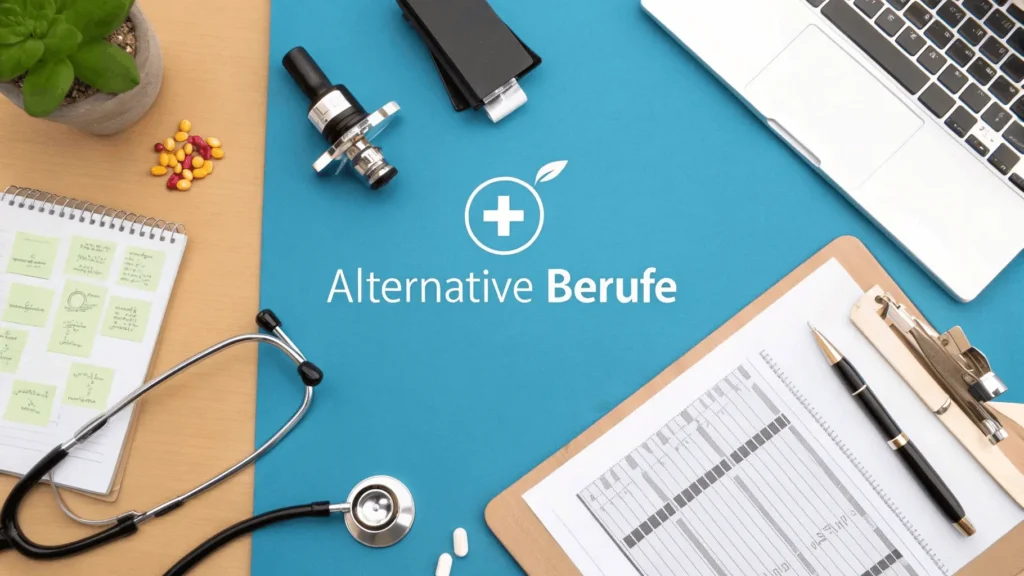 Alternative Berufe – Schreibtisch mit Stethoskop, medizinischen Utensilien, Klemmbrett und Laptop als Symbol für berufliche Perspektiven im Gesundheitswesen.
