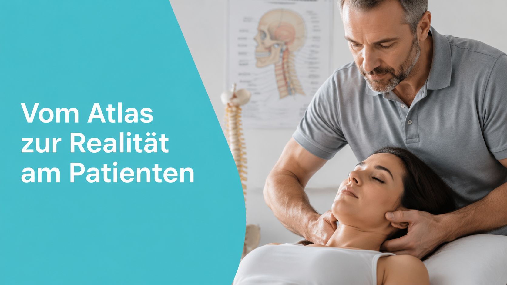 Ein Therapeut behandelt den Nackenbereich einer Patientin in einer medizinischen Praxis mit einem anatomischen Poster im Hintergrund.