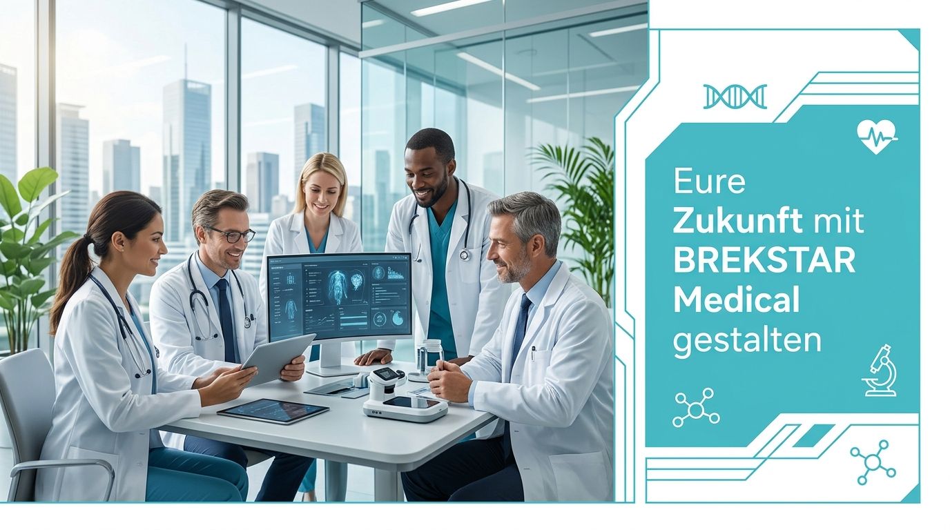 Ein Team aus medizinischen Fachkräften bespricht gemeinsam digitale Patientendaten in einem modernen hellen Büro mit Stadtblick.