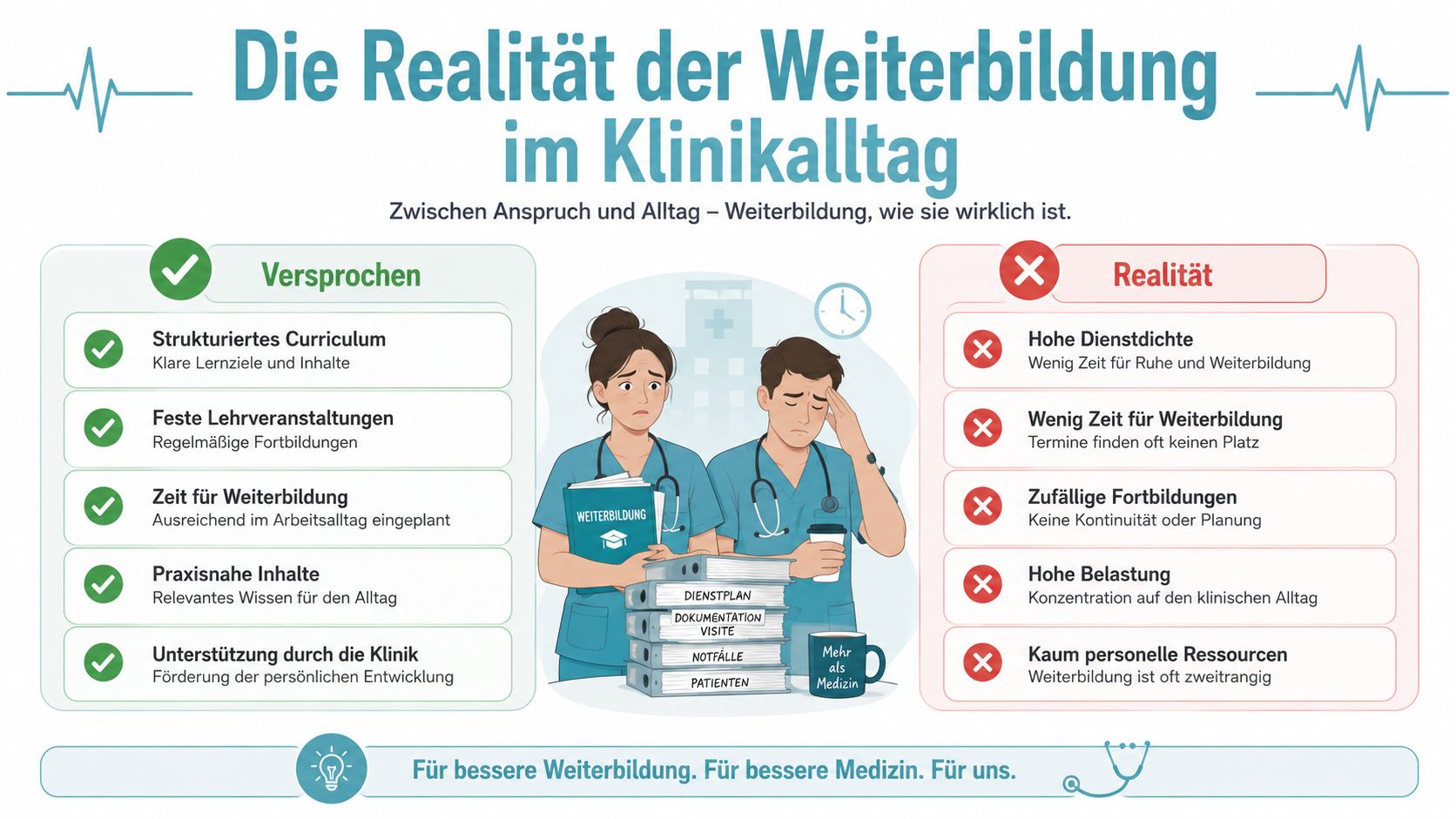 Eine Infografik, die den Kontrast zwischen versprochener Weiterbildung und der stressigen klinischen Realität für Assistenzärzte darstellt.
