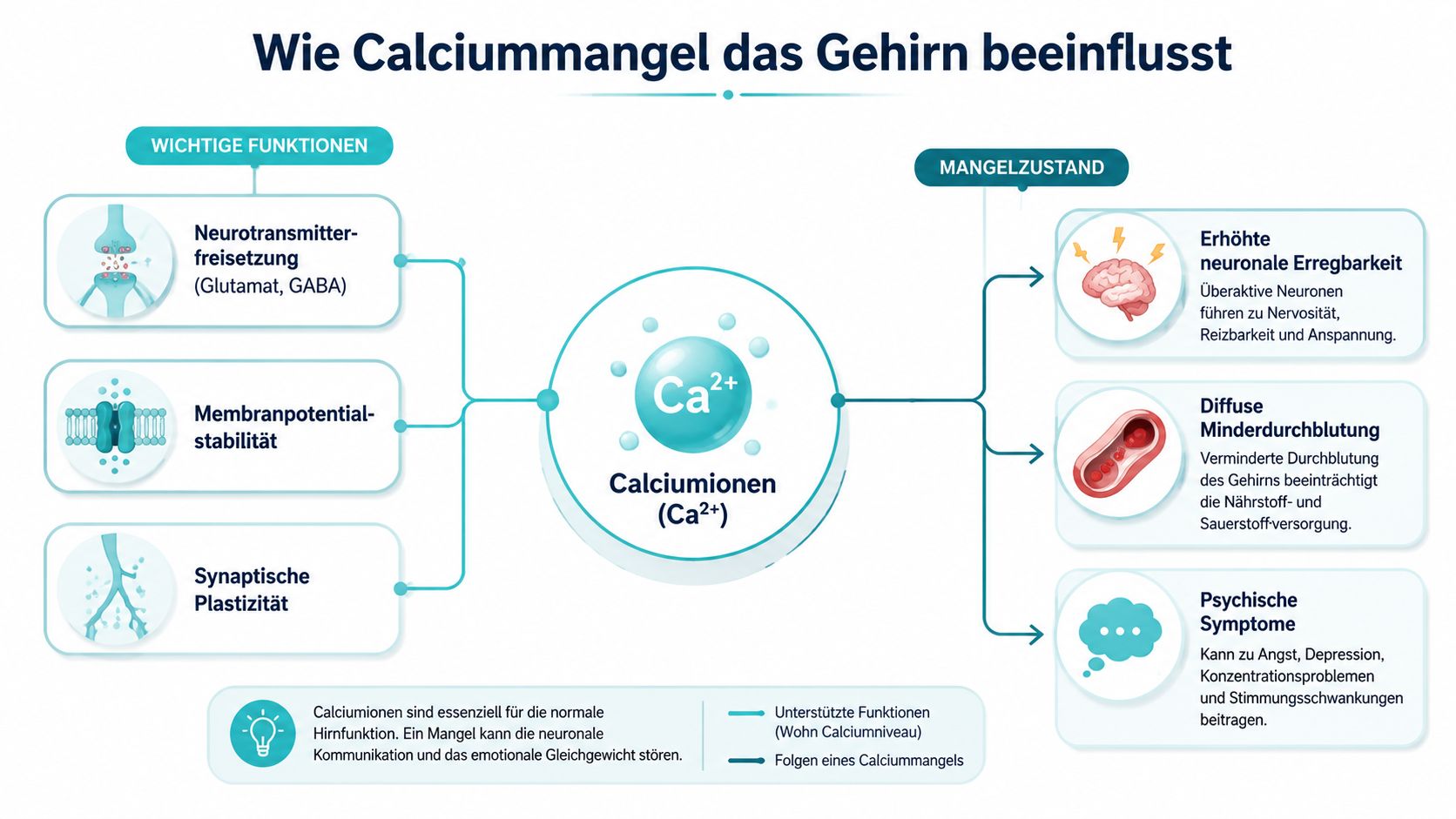 Infografik über den Einfluss von Calciummangel auf die Gehirnfunktionen und die damit verbundenen psychischen Symptome.