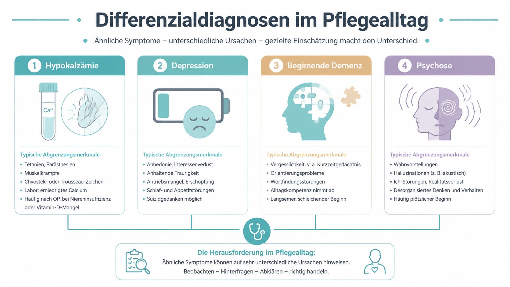 Übersicht zu Differentialdiagnosen im Pflegealltag mit vier häufigen Krankheitsbildern inklusive typischer Symptome und Erkennungsmerkmale für Pflegefachkräfte.