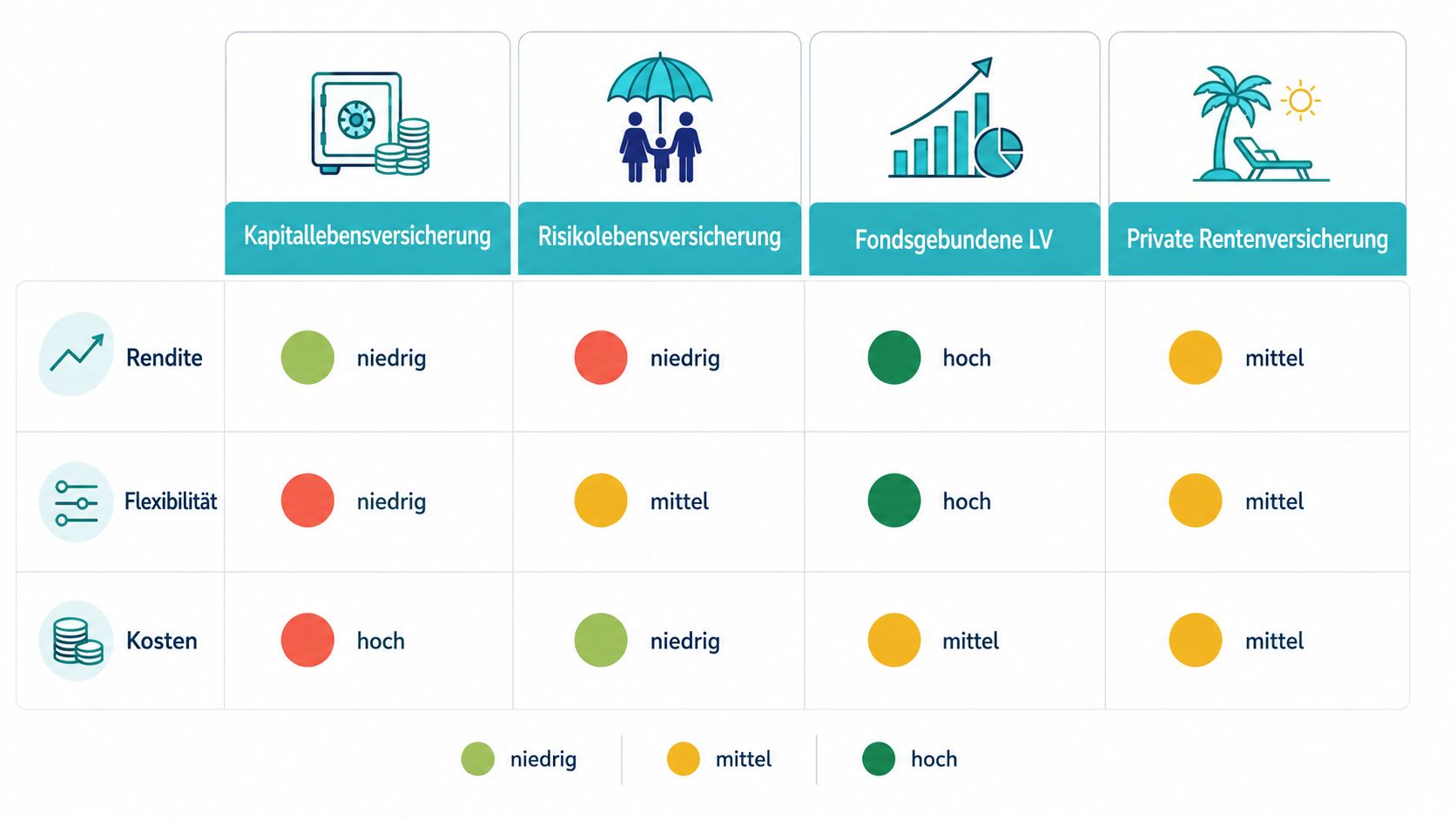 Vergleichstabelle für verschiedene Arten von Lebensversicherungen in Bezug auf Rendite, Flexibilität und Kosten im Überblick.