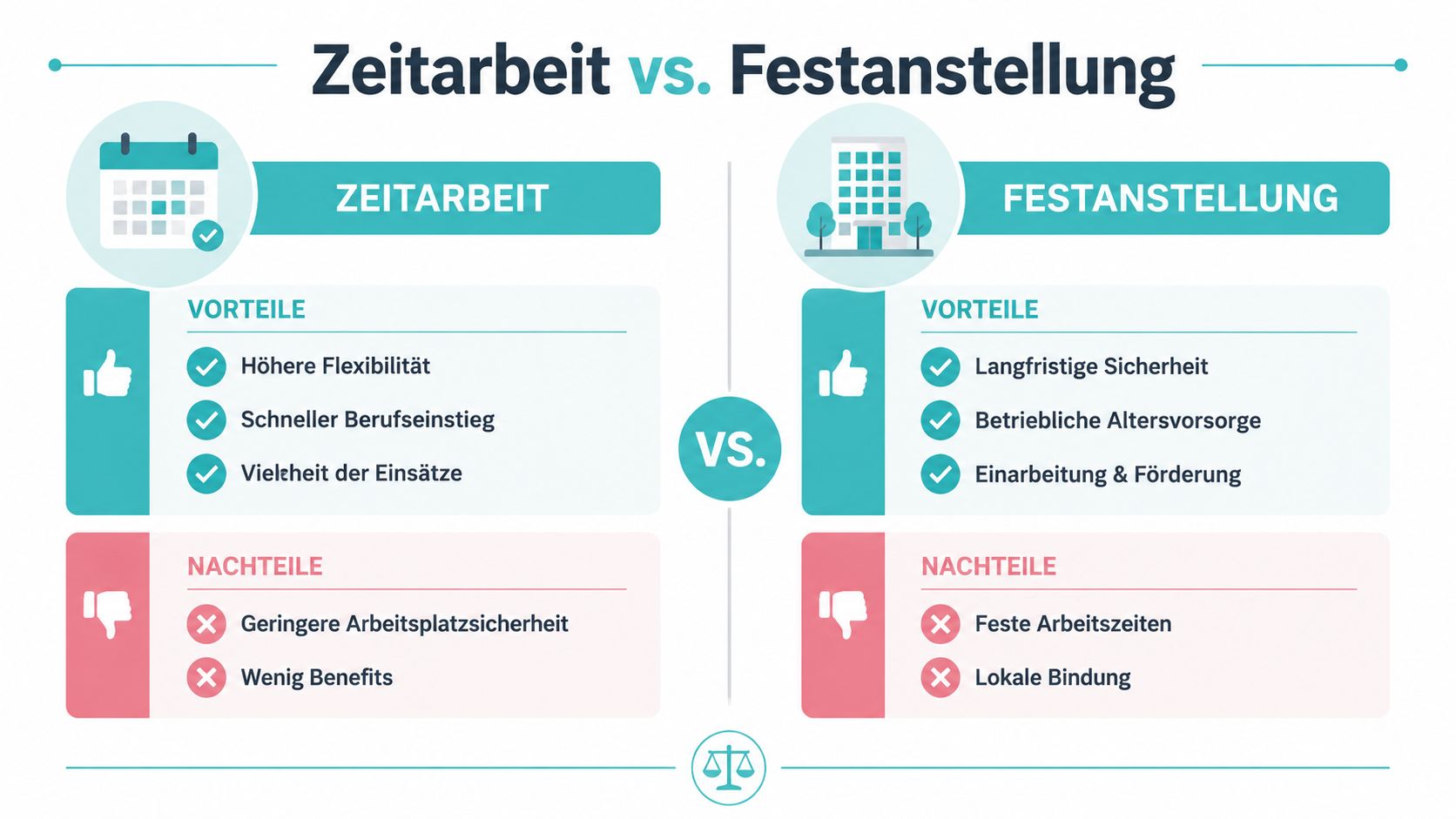 Vergleichsgrafik zwischen Zeitarbeit und Festanstellung mit Darstellung von Vor- und Nachteilen beider Beschäftigungsformen im Überblick.