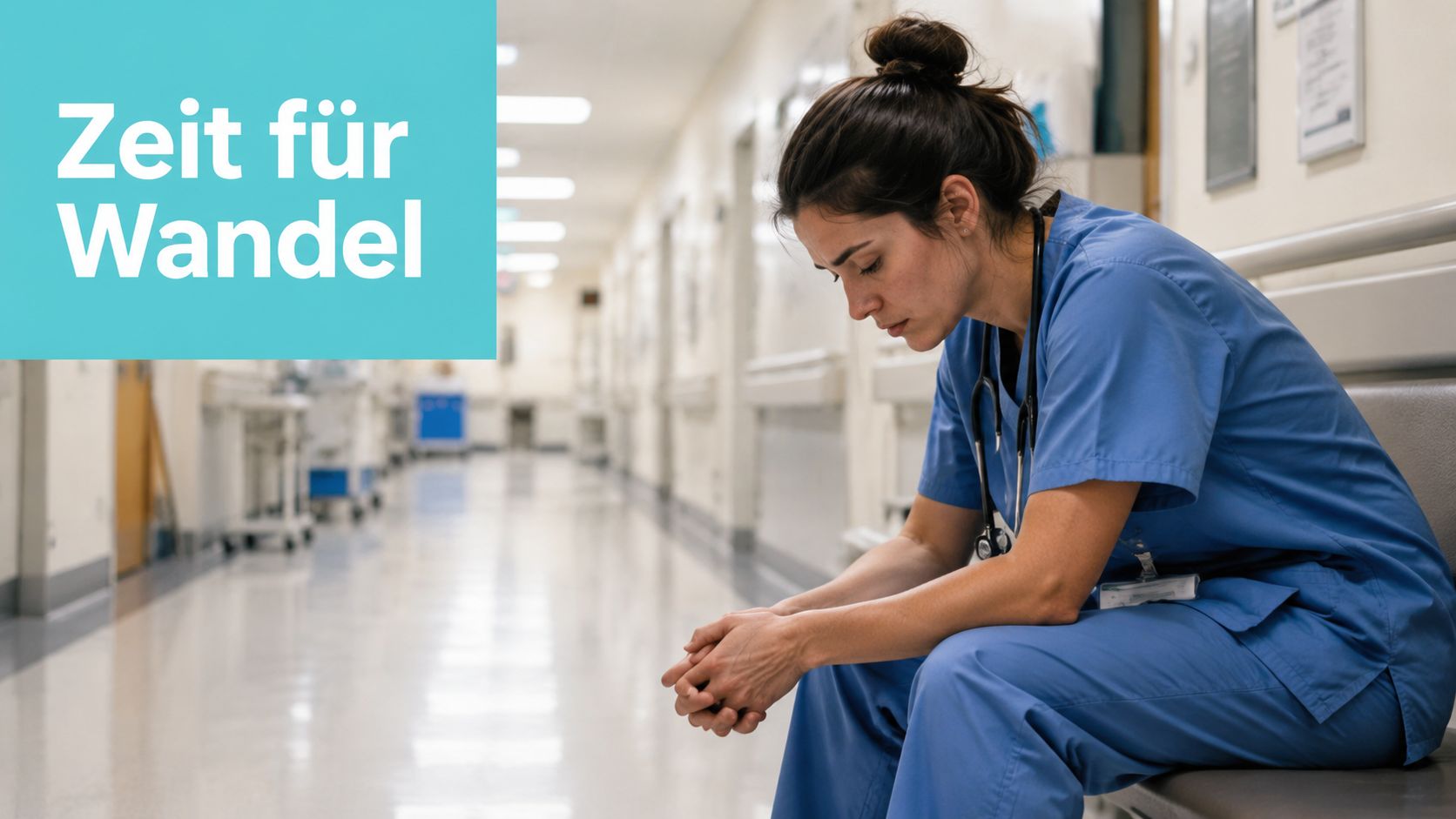 Eine erschöpfte Krankenschwester sitzt nachdenklich auf einer Bank in einem leeren Krankenhausflur vor einem türkisfarbenen Hintergrund.