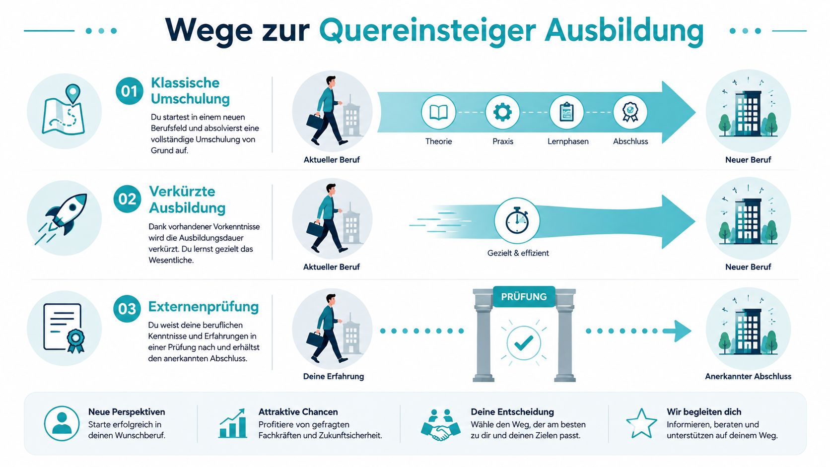Infografik über drei verschiedene Wege zur Quereinsteiger Ausbildung inklusive Umschulung, verkürzte Ausbildung und externer Prüfung.