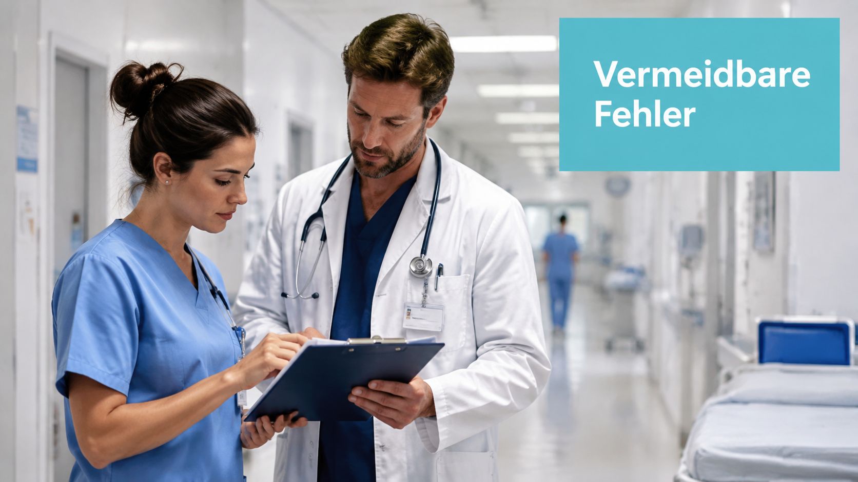 Eine Ärztin und ein Arzt besprechen gemeinsam wichtige Patientendaten auf einer Krankenakte in einem Krankenhausflur.