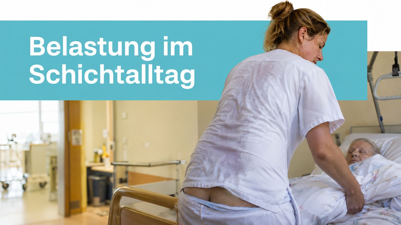 Eine erschöpfte Pflegekraft bei der anstrengenden Betreuung einer pflegebedürftigen Person in einem Krankenhausbett während ihrer Arbeitsschicht.
