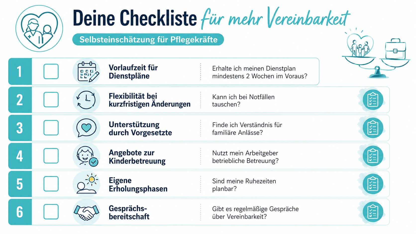 Eine Checkliste für Pflegekräfte zur Überprüfung der Vereinbarkeit von Beruf und Familie am Arbeitsplatz mit sechs Punkten.