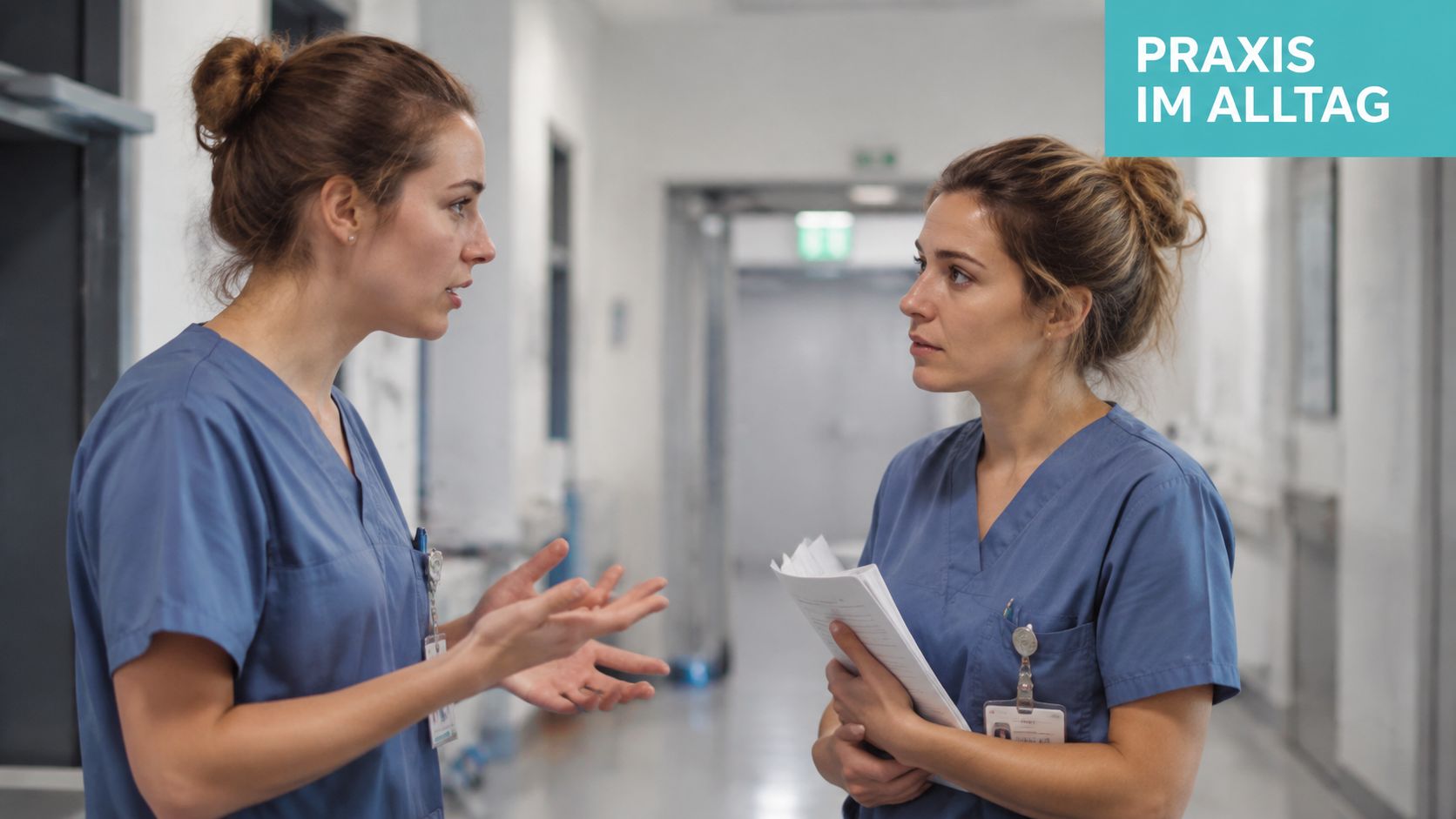 Zwei Krankenschwestern führen ein professionelles Gespräch in einem Krankenhausflur, während sie Dienstkleidung und Namensschilder tragen.