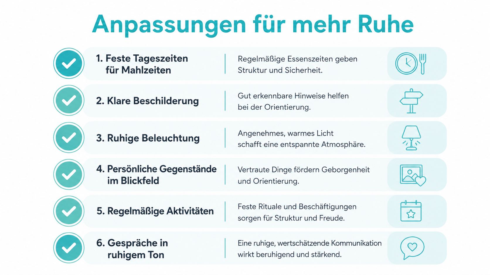 Eine Infografik mit sechs Tipps zur Schaffung einer ruhigen Umgebung für Menschen mit Demenz.