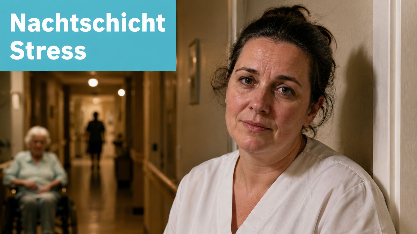 Eine erschöpfte Pflegekraft blickt müde in die Kamera, während im Hintergrund ein Flur einer Pflegeeinrichtung zu sehen ist.