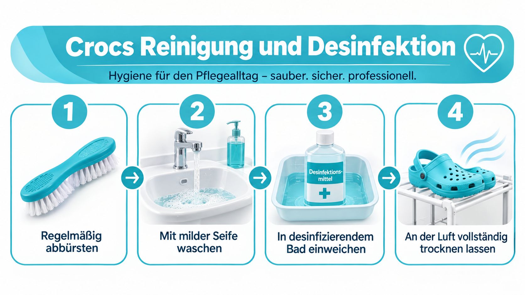 Eine Anleitung zur Reinigung und Desinfektion von Crocs-Schuhen in vier einfachen Schritten für das medizinische Personal.