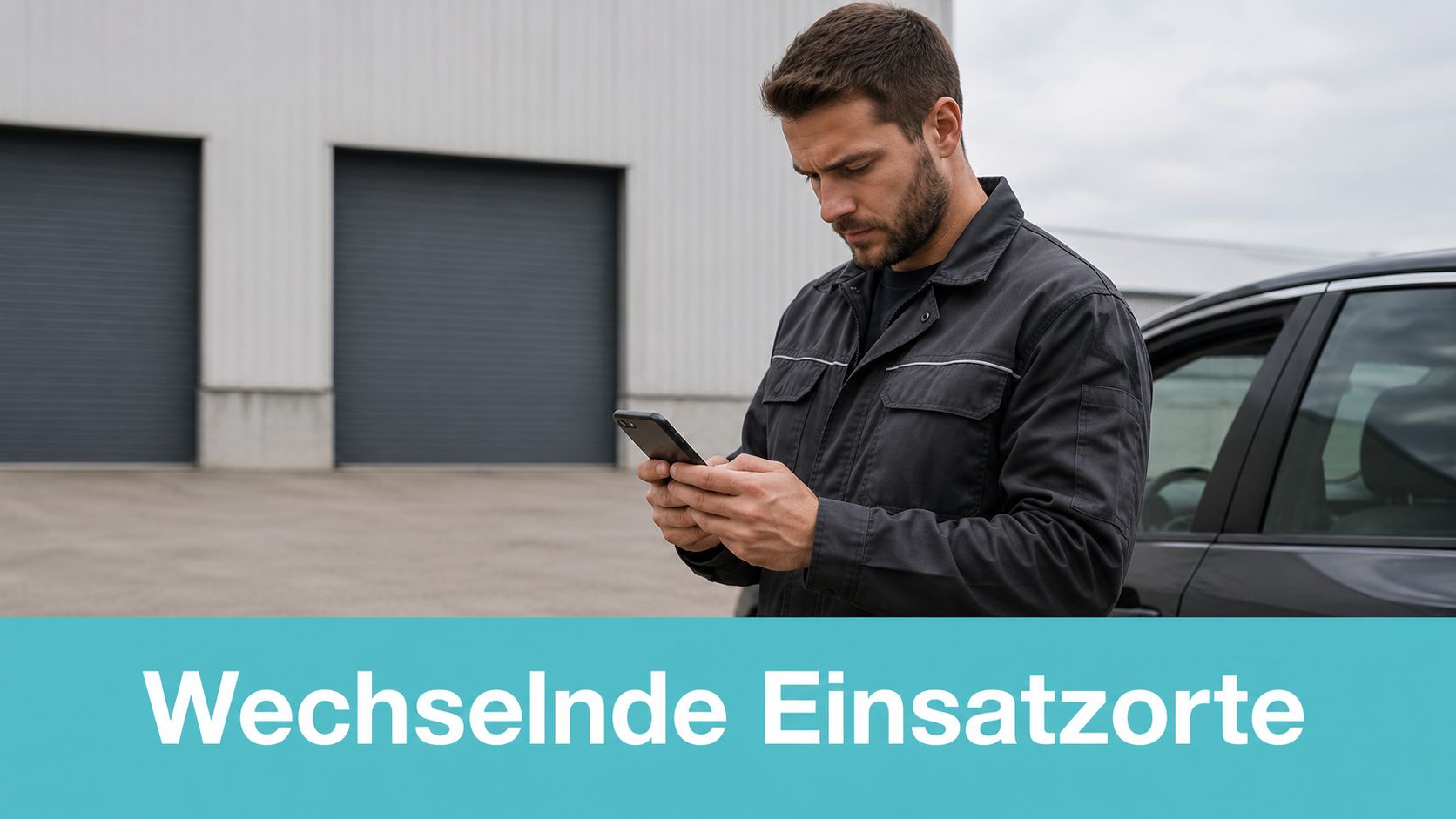 Ein Mann im grauen Arbeitsanzug prüft Informationen auf seinem Smartphone vor einem Firmengebäude und einem Auto.