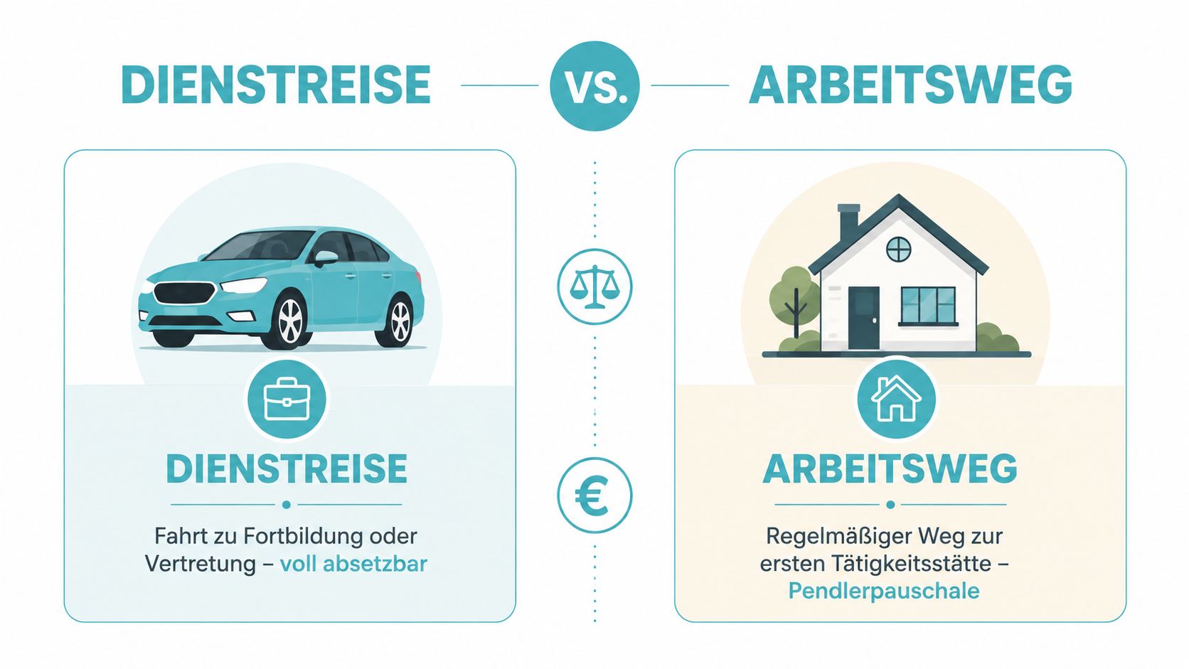Vergleich zwischen einer voll absetzbaren Dienstreise und dem Arbeitsweg mit Pendlerpauschale für die Steuererklärung.